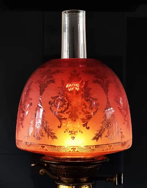 VICTORIAN ETCHED CRANBERRY Glass Kerosene Paraffin Duplex Beehive Oil