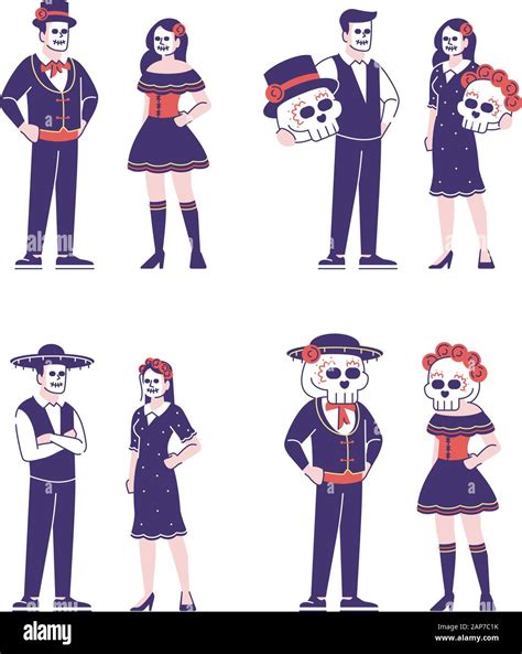 People Wearing Sugar Scull Face And Costumes Flat Vector Illustrations