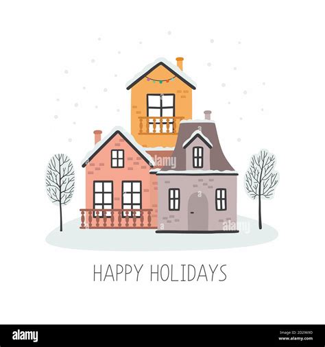 Christmas Card With Houses Happy Holidays Vector Illustration Stock