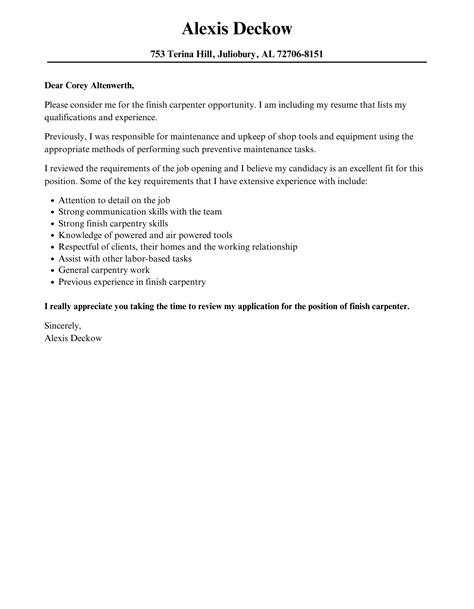 Finish Carpenter Cover Letter Velvet Jobs