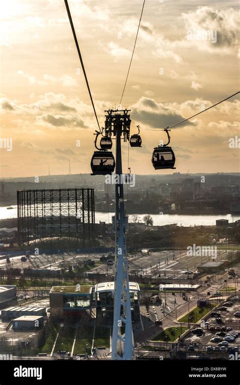 Emirates Air Line Cable Car Crosses River Thames Between The O2 North