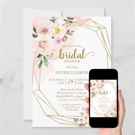 Pink Blush Floral Gold Geometric Bridal Shower Invitation Zazzle