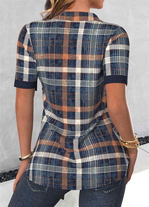 Plus Size Navy Fake In Plaid Short Sleeve Blouse Modlily Usd