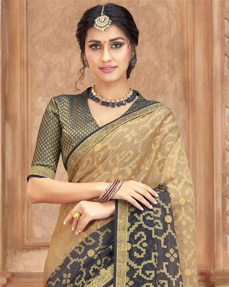 Vishal Prints Light Brown And Grey Brasso Saree With Zari Border