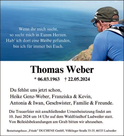 Traueranzeigen Von Thomas Weber Saarbruecker Zeitung Trauer De