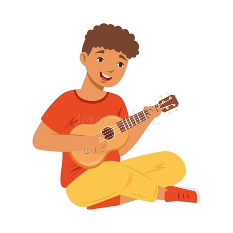 Smiling Teen Boy Sitting And Playing Ukulele Performing On Stage Vector