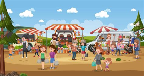 Flea market scene in cartoon style 6892655 Vector Art at Vecteezy