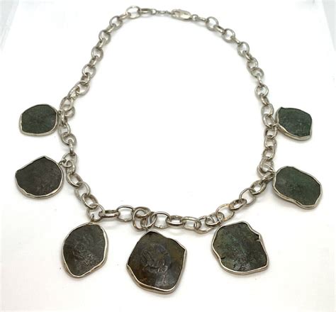 Antique Byzantine Coin Necklace Sterling Silver In Gem