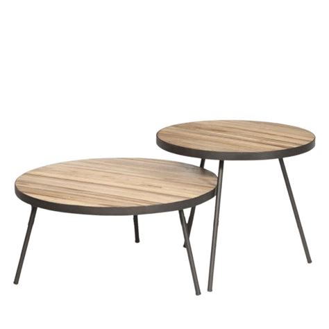 Lot de 2 tables basses rondes en teck recyclé et métal ø74 58cm bois