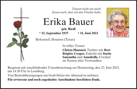 Traueranzeigen Von Erika Bauer Mittelbayerische Trauer