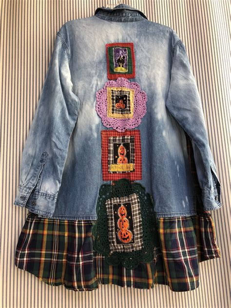 Upcycled Jacket Halloween Distressed Denim Patchwork And Etsy