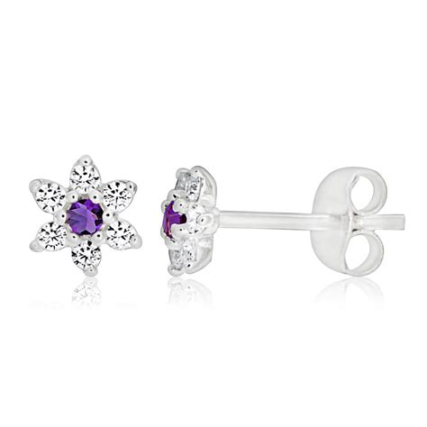 Sterling Silver Amethyst Cubic Zirconia Flower Stud Earrings Shiels