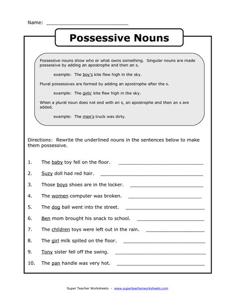 Possessive Plural Nouns Worksheets Singular Possessive Noun