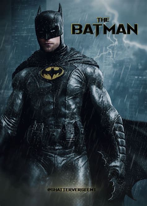 the batman movie poster is shown in full costume, standing in the rain ...