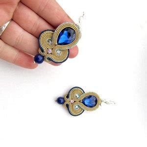 Nude Dangle Earrings Glamour Soutache Earrings With Crystals Handmade Earrings From Poland