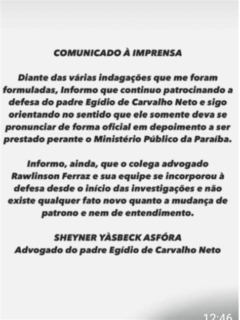 Sheyner Asfora Informa Em Nota Que Continua Na Defesa Do Padre Eg Dio