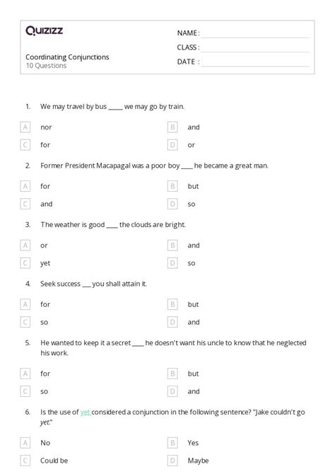 50 Coordinating Conjunctions Worksheets For 6th Grade On Quizizz