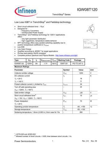 Infineon Igw T Igbt Discrete Data Sheet Manualzz