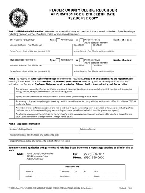 Fillable Online Placer County Clerk Recorder Application For Birth