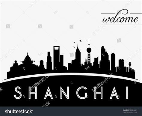 Shanghai Skyline Silhouette Black White Design Stock Vector (Royalty ...