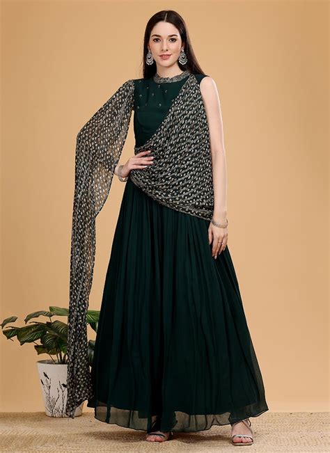 Shop Dark Green Pure Georgette Sequins Embroidery Anarkali Gown Wedding