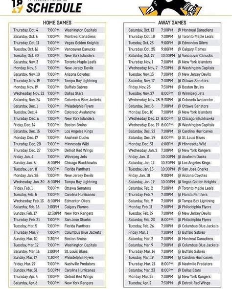 Printable Penguins Schedule 2023-24