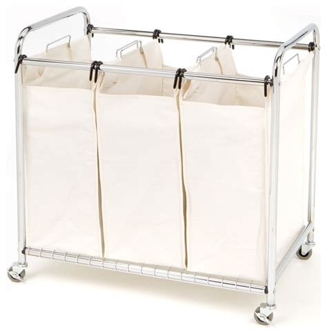 Commercial Grade Steel Frame 3 Bag Laundry Hamper Cart Contemporary