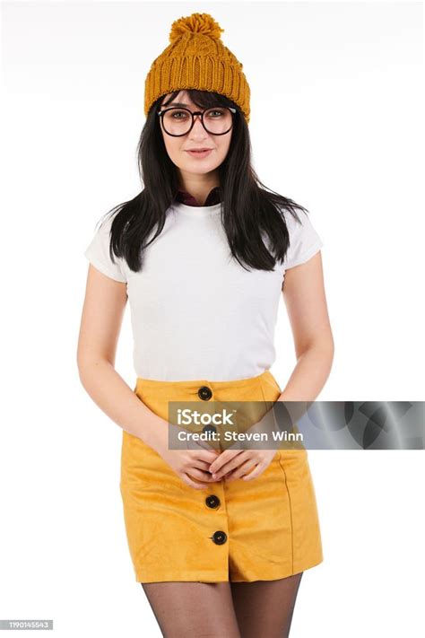 Smiling Preppy Woman Tshirt Model With Nerd Glasses Looking Into The