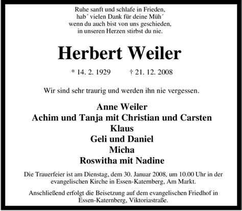 Traueranzeigen Von Herbert Weiler Trauer In Nrw De