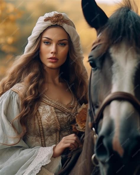 Premium Ai Image A Woman In A Medieval Dress Stands Next To A Horse