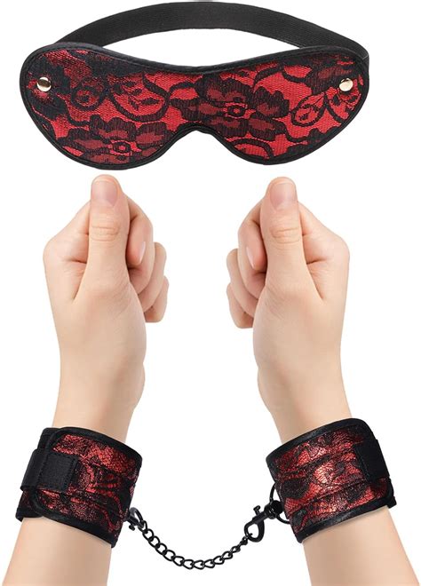 Venesun Lace Blindfold And Faux Fur Lined Handcuffs Set Red Soft Bondage Wrist