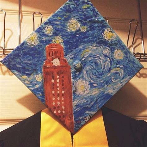 A Person Wearing A Graduation Cap Made To Look Like The Starry Night