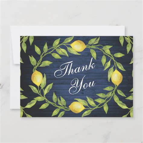 Navy Blue Wood And Lemons Greenery Watercolor Thank You Card Zazzle