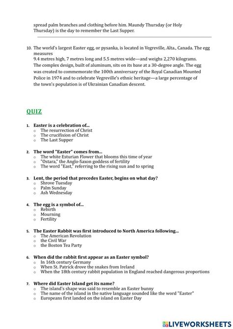 Easter Reading Quiz C1 Worksheet Live Worksheets