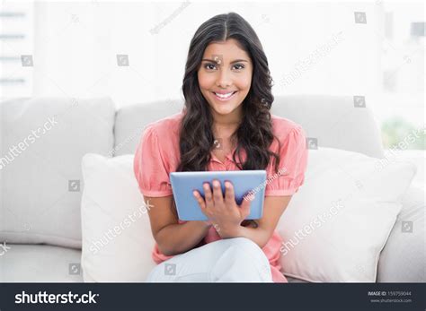 Happy Cute Brunette Sitting On Couch Stock Photo 159759044 Shutterstock