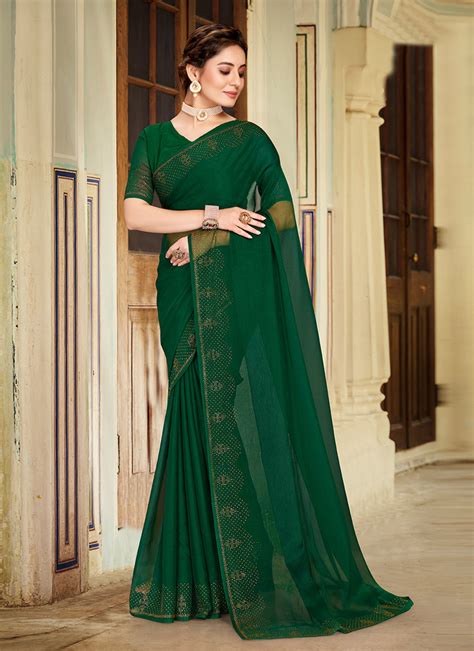 Shop Green Art Silk Shimmer And Tikki Work Saree After Six Wear Online