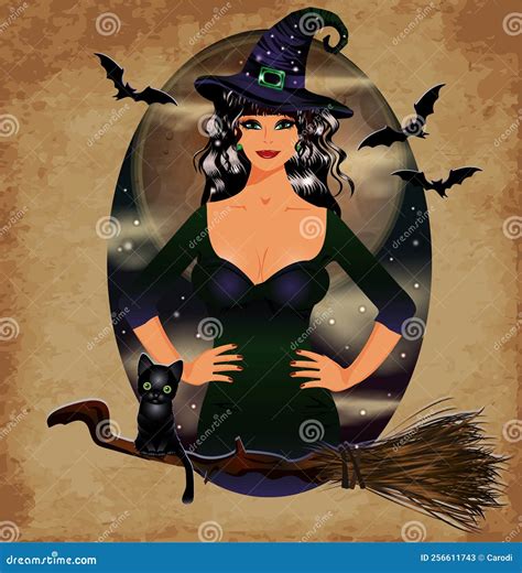 Happy Halloween Invitation Card Full Moon Black Cat And Sexual Witch