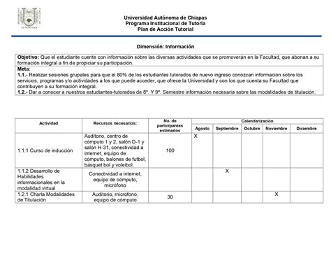 Plan De Acci N Tutorial Agosto Diciembre