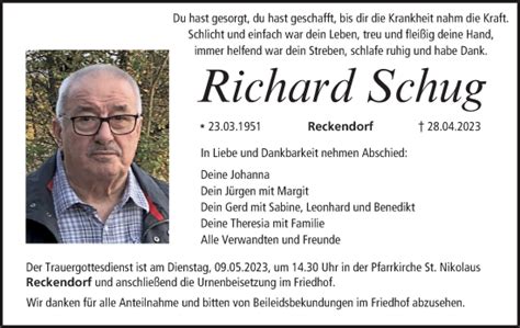 Richard Schug Traueranzeige Trauer Infranken De