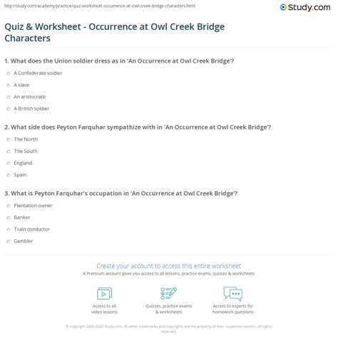 Quiz & Worksheet - Occurrence at Owl Creek Bridge Characters | Study.com