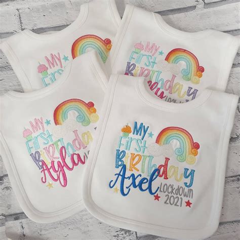 Personalised First Birthday Bib Embroidered Rainbow 1st Etsy