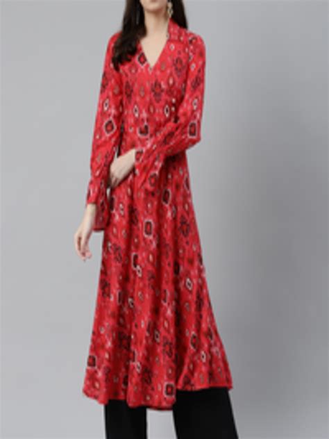 Buy Jompers Women Coral Red And Black Ethnic Motifs Printed Angrakha Anarkali Kurta Kurtas For