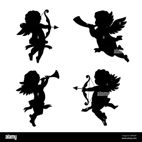 Cherub Cupid Silhouettes Angels With Love Arrows And Bows Or Blowing