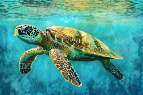 Una Pintura De Una Tortuga Marina Verde Nadando En Agua Azul Foto