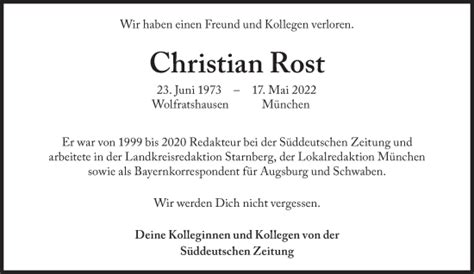 Traueranzeigen Von Christian Rost Sz Gedenken De