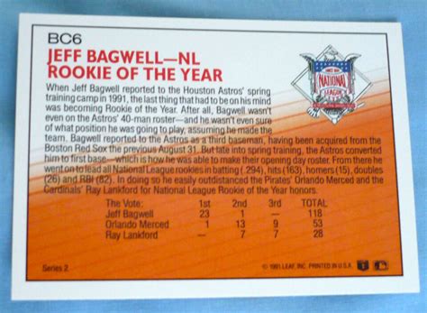 JEFF BAGWELL BC6 ASTROS 1992 DONRUSS 91 NL ROOKIE OF THE YEAR