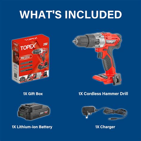 Topex 20v Lithium Ion Cordless Drill Driver Impact Hammer Drill W Bat