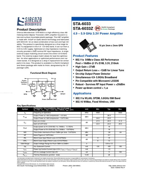 STA 6033 Datasheet PDF Sirenza Microdevices