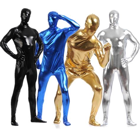 Homens Zentai Elastano Terno Preto Brilhante Pele Met Lica Collants