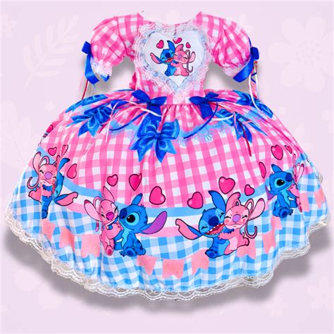 Vestido Festa Junina Stitch - Vestido Festa Junina Infantil Stitch Angel Xadrez Caipira Caipirinha ...